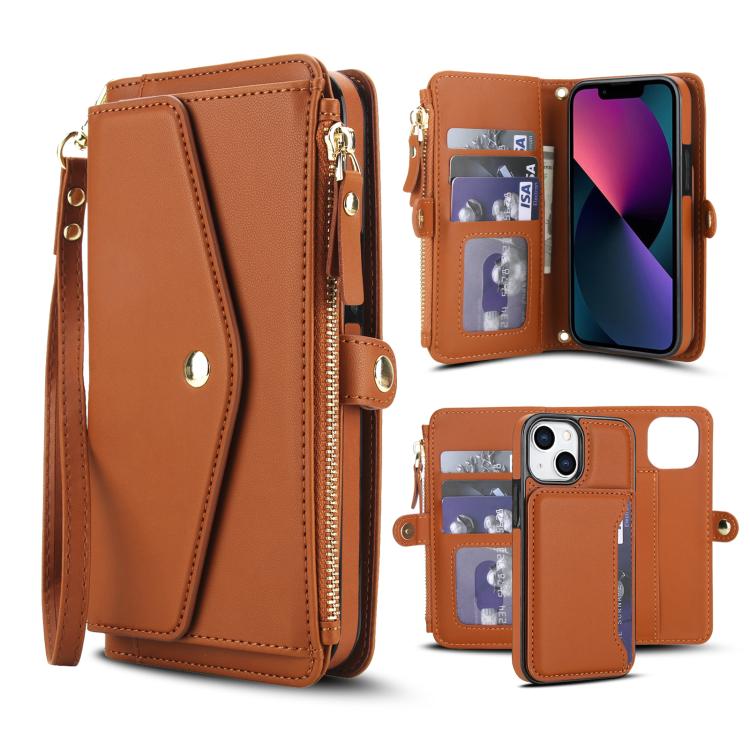 

For iPhone 13 mini Multifunctional Wallet Detachable Leather Phone Case with Lanyard(Brown)