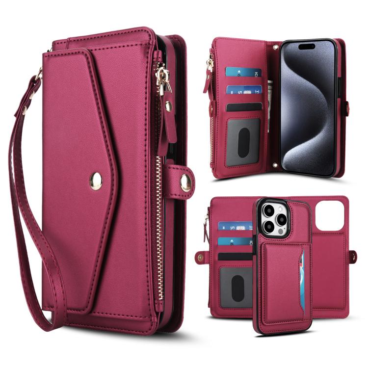 

For iPhone 12 Pro Max Multifunctional Wallet Detachable Leather Phone Case with Lanyard(Red)