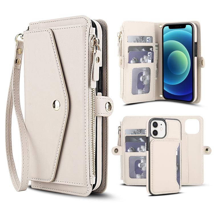

For iPhone 12 mini Multifunctional Wallet Detachable Leather Phone Case with Lanyard(White)