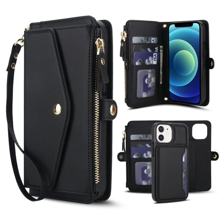 

For iPhone 12 mini Multifunctional Wallet Detachable Leather Phone Case with Lanyard(Black)
