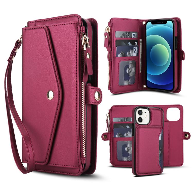 

For iPhone 12 mini Multifunctional Wallet Detachable Leather Phone Case with Lanyard(Red)