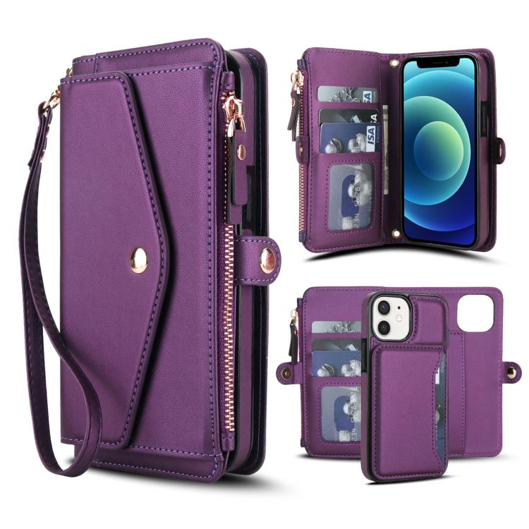 

For iPhone 12 mini Multifunctional Wallet Detachable Leather Phone Case with Lanyard(Dark Purple)