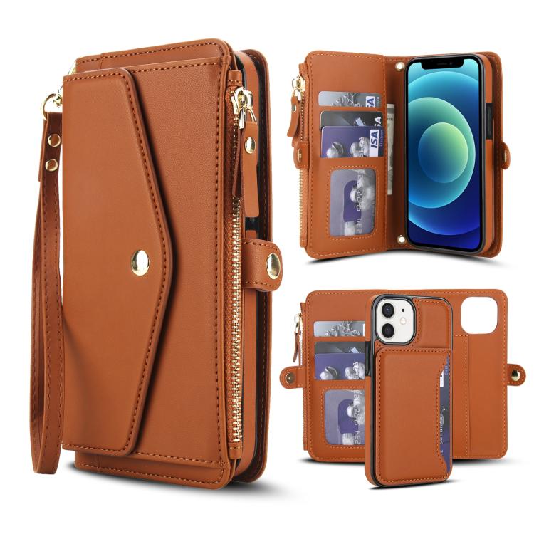 

For iPhone 12 mini Multifunctional Wallet Detachable Leather Phone Case with Lanyard(Brown)