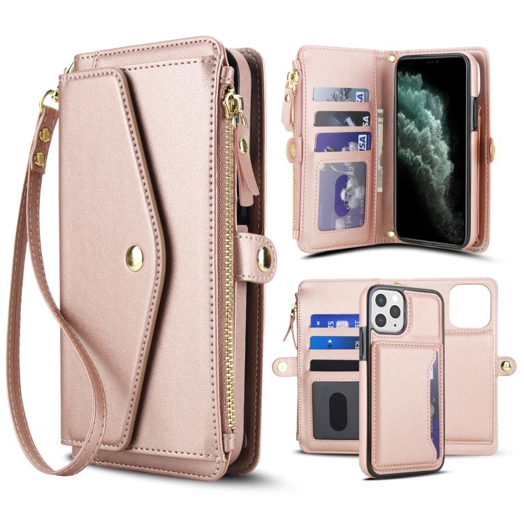 

For iPhone 11 Pro Max Multifunctional Wallet Detachable Leather Phone Case with Lanyard(Rose Gold)