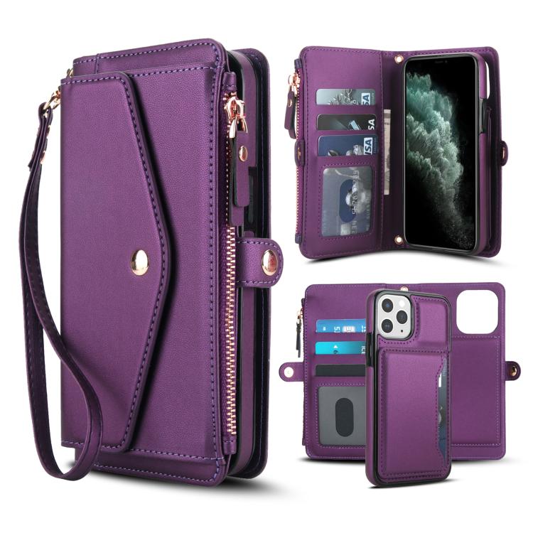

For iPhone 11 Pro Max Multifunctional Wallet Detachable Leather Phone Case with Lanyard(Dark Purple)