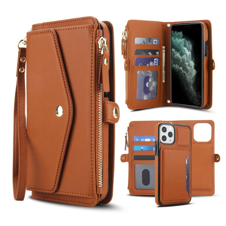 

For iPhone 11 Pro Max Multifunctional Wallet Detachable Leather Phone Case with Lanyard(Brown)