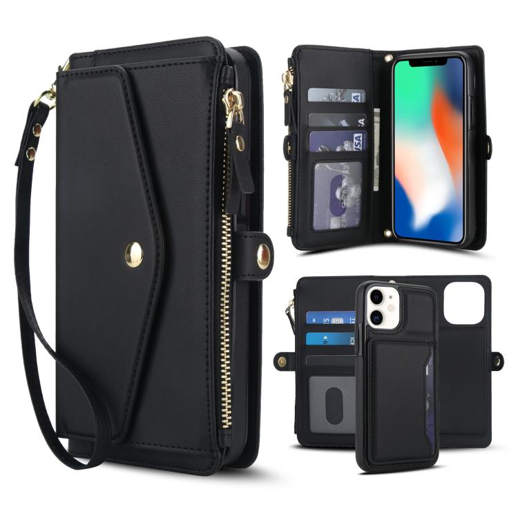 

For iPhone 11 Multifunctional Wallet Detachable Leather Phone Case with Lanyard(Black)