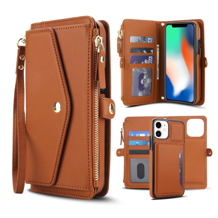 

For iPhone 11 Multifunctional Wallet Detachable Leather Phone Case with Lanyard(Brown)