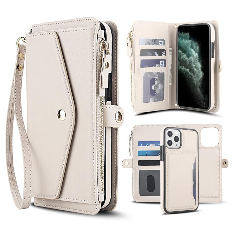 

For iPhone 11 Pro Multifunctional Wallet Detachable Leather Phone Case with Lanyard(White)