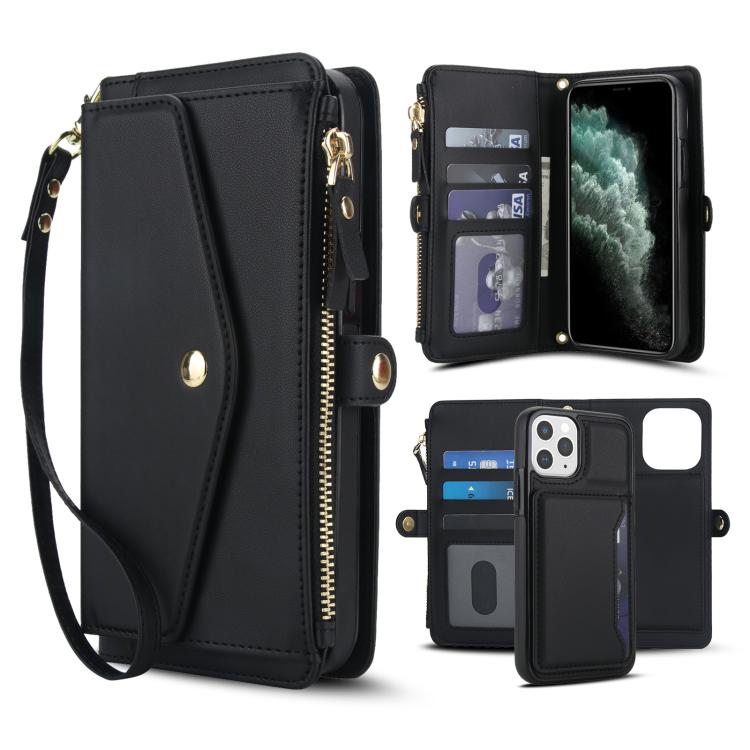 

For iPhone 11 Pro Multifunctional Wallet Detachable Leather Phone Case with Lanyard(Black)