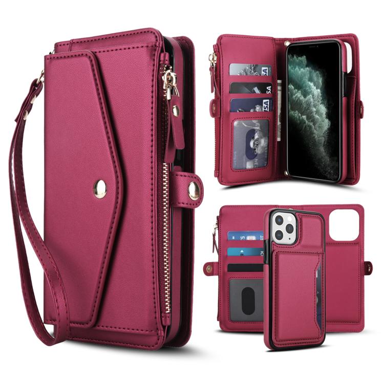 

For iPhone 11 Pro Multifunctional Wallet Detachable Leather Phone Case with Lanyard(Red)