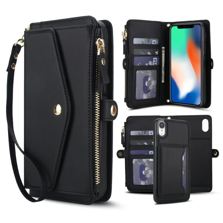 

For iPhone XR Multifunctional Wallet Detachable Leather Phone Case with Lanyard(Black)