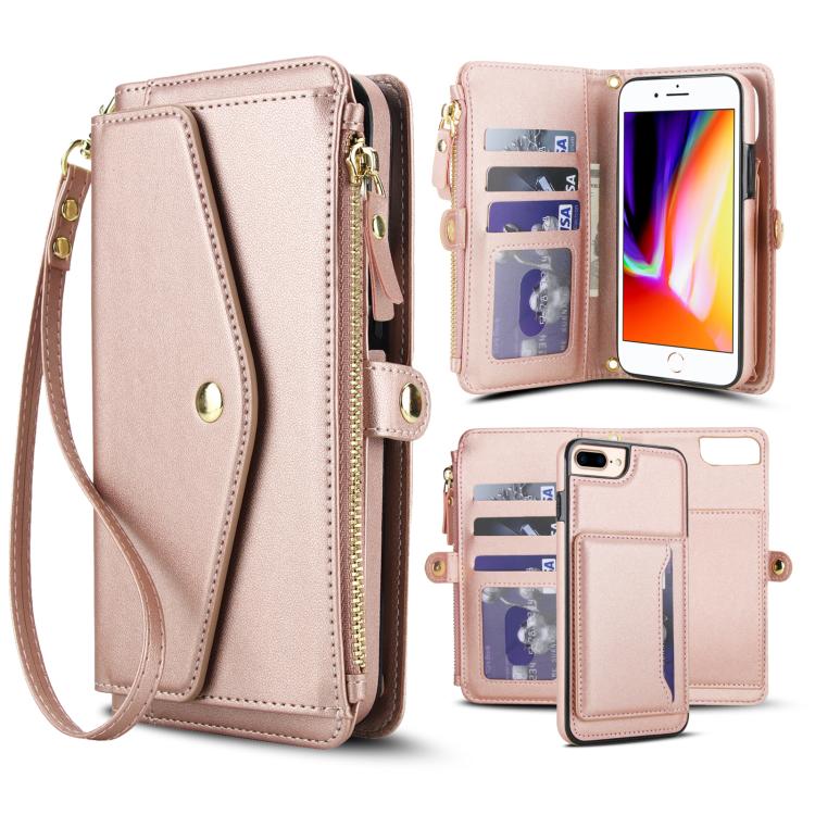 

For iPhone 8 Plus Multifunctional Wallet Detachable Leather Phone Case with Lanyard(Rose Gold)