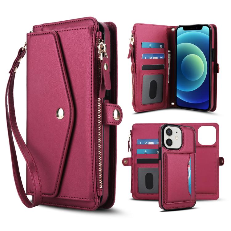 

For iPhone 12 Multifunctional Wallet Detachable Leather Phone Case with Lanyard(Red)