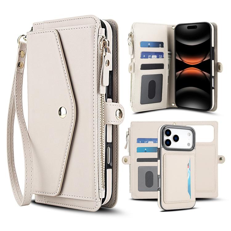 

For iPhone 17 Pro Max Multifunctional Wallet Detachable Leather Phone Case with Lanyard(White)