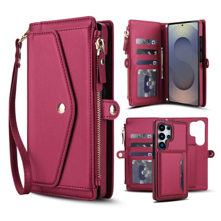 

For Samsung Galaxy S25 Ultra 5G Multifunctional Wallet Detachable Leather Phone Case with Lanyard(Red)