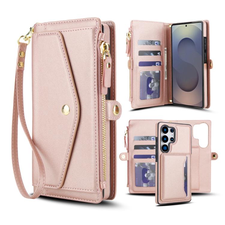 

For Samsung Galaxy S25 Ultra 5G Multifunctional Wallet Detachable Leather Phone Case with Lanyard(Rose Gold)
