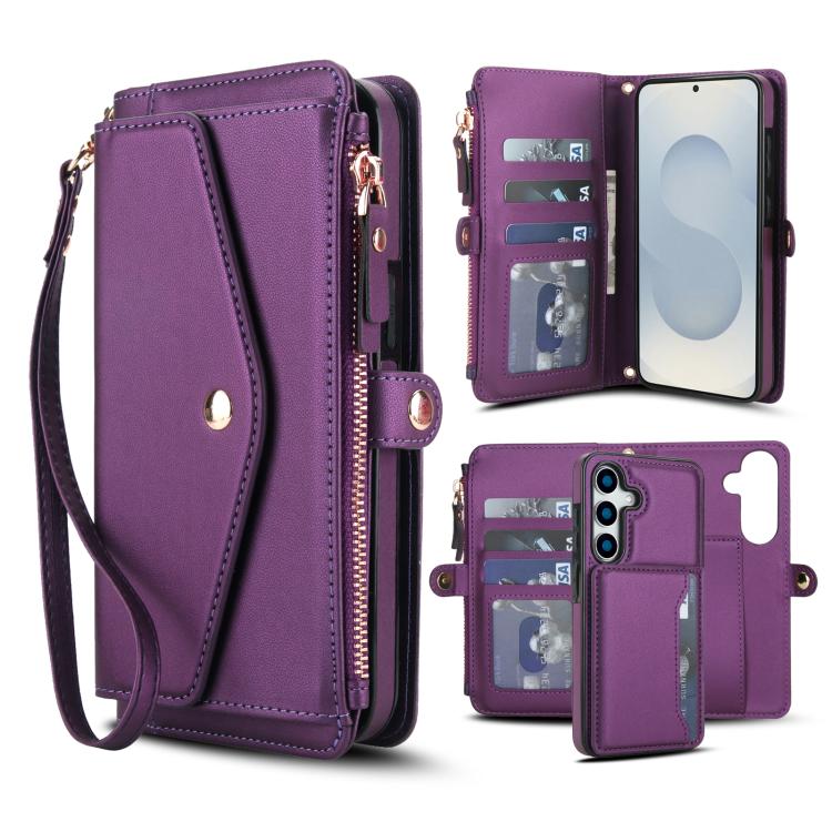

For Samsung Galaxy S25 5G Multifunctional Wallet Detachable Leather Phone Case with Lanyard(Dark Purple)
