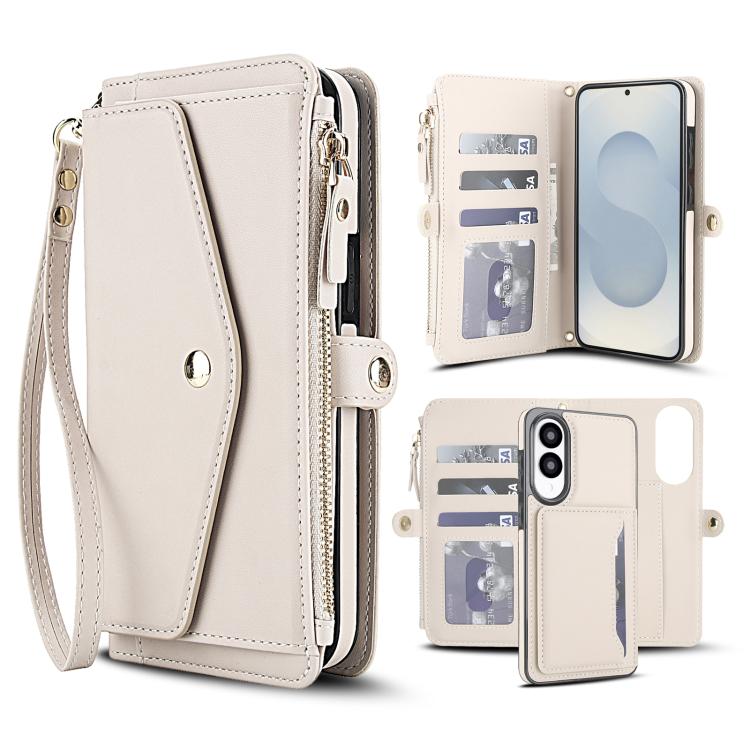 

For Samsung Galaxy S25 Edge 5G Multifunctional Wallet Detachable Leather Phone Case with Lanyard(White)