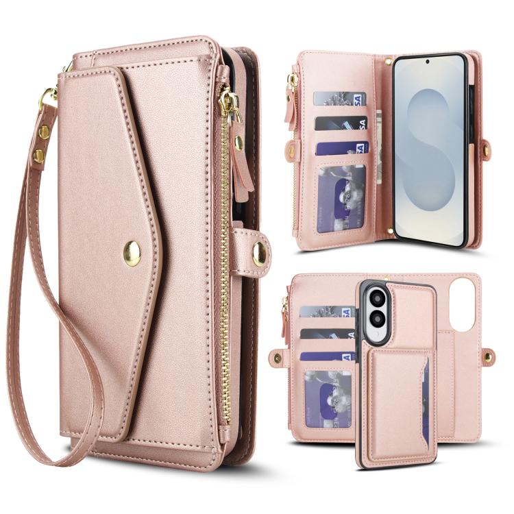 

For Samsung Galaxy S25 Edge 5G Multifunctional Wallet Detachable Leather Phone Case with Lanyard(Rose Gold)