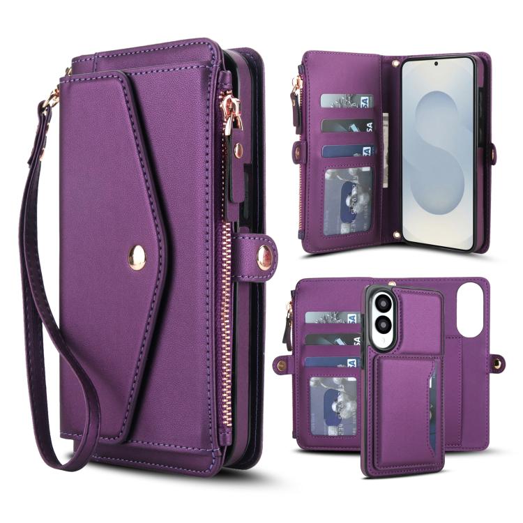 

For Samsung Galaxy S25 Edge 5G Multifunctional Wallet Detachable Leather Phone Case with Lanyard(Dark Purple)