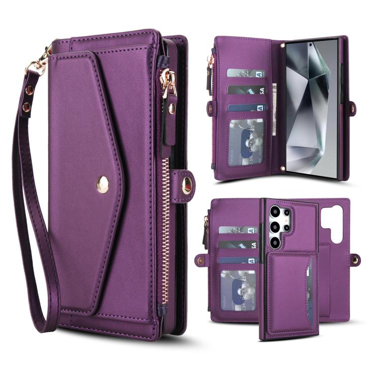 

For Samsung Galaxy S24 Ultra 5G Multifunctional Wallet Detachable Leather Phone Case with Lanyard(Dark Purple)