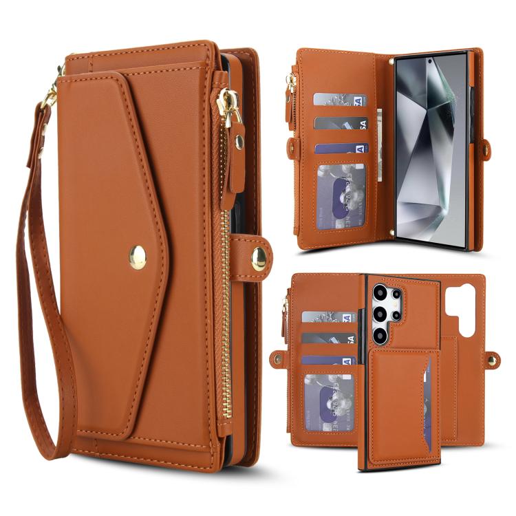 

For Samsung Galaxy S24 Ultra 5G Multifunctional Wallet Detachable Leather Phone Case with Lanyard(Brown)