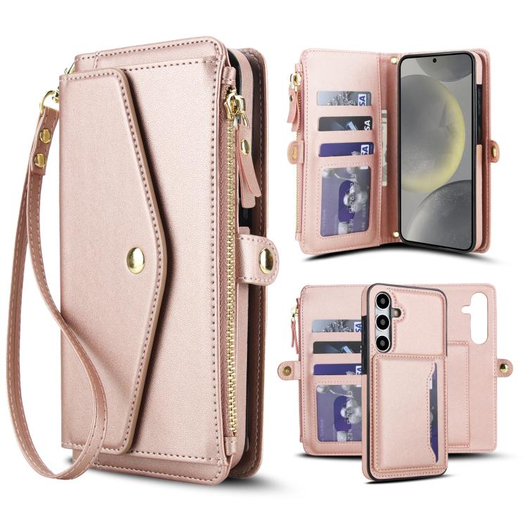 

For Samsung Galaxy S24 5G Multifunctional Wallet Detachable Leather Phone Case with Lanyard(Rose Gold)
