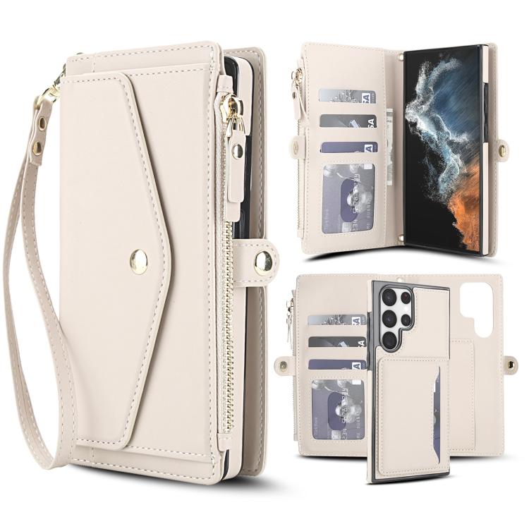 

For Samsung Galaxy S23 Ultra 5G Multifunctional Wallet Detachable Leather Phone Case with Lanyard(White)