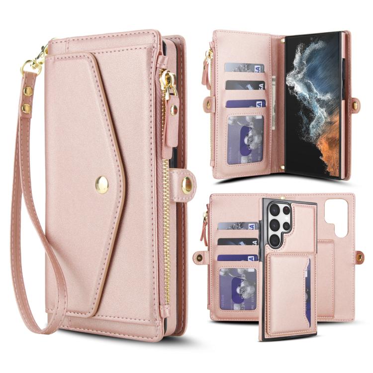 

For Samsung Galaxy S23 Ultra 5G Multifunctional Wallet Detachable Leather Phone Case with Lanyard(Rose Gold)