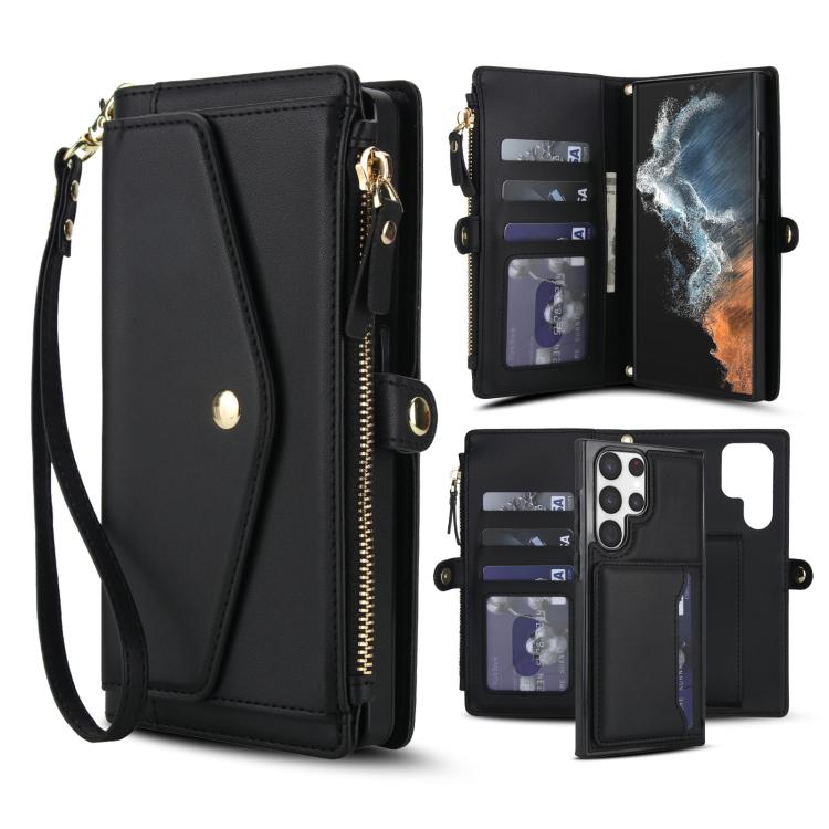 

For Samsung Galaxy S22 Ultra 5G Multifunctional Wallet Detachable Leather Phone Case with Lanyard(Black)