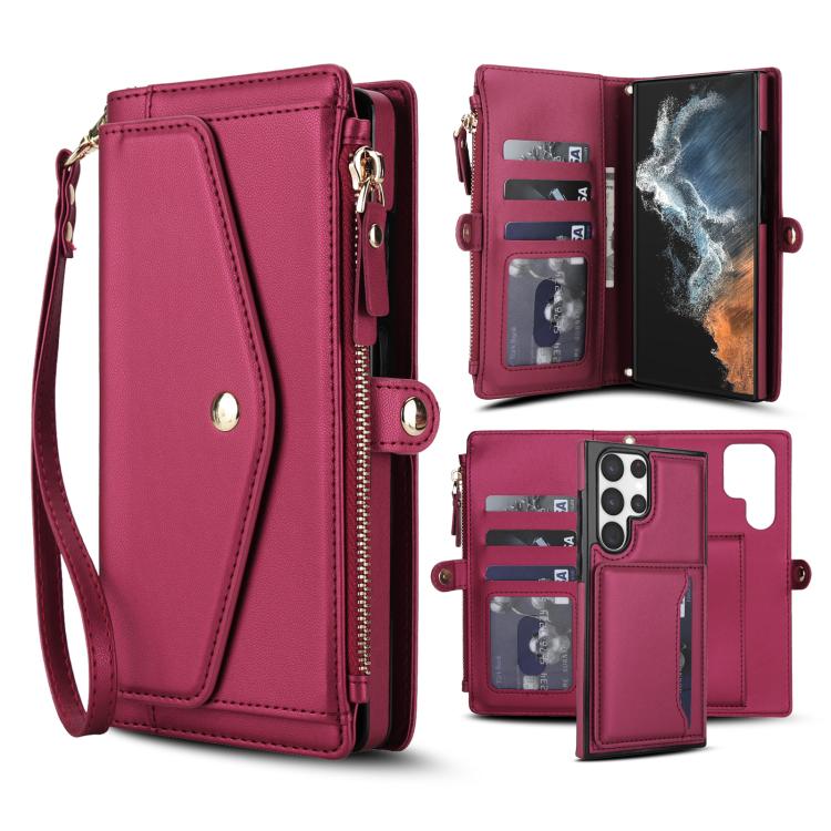 

For Samsung Galaxy S22 Ultra 5G Multifunctional Wallet Detachable Leather Phone Case with Lanyard(Red)