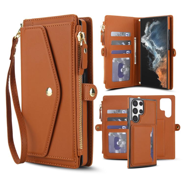 

For Samsung Galaxy S22 Ultra 5G Multifunctional Wallet Detachable Leather Phone Case with Lanyard(Brown)