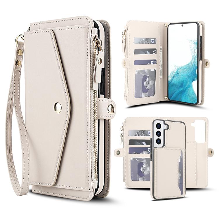 

For Samsung Galaxy S22+ 5G Multifunctional Wallet Detachable Leather Phone Case with Lanyard(White)