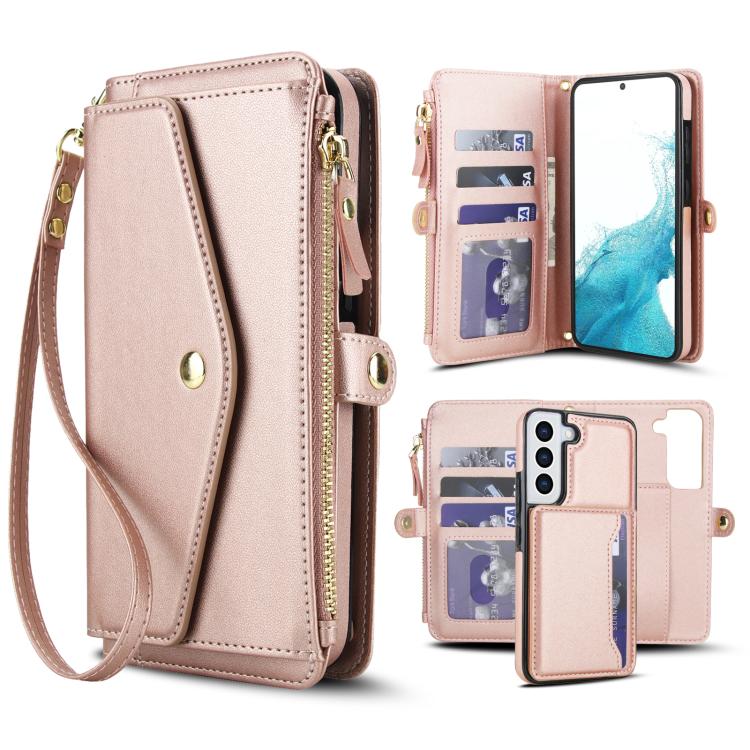 

For Samsung Galaxy S22+ 5G Multifunctional Wallet Detachable Leather Phone Case with Lanyard(Rose Gold)