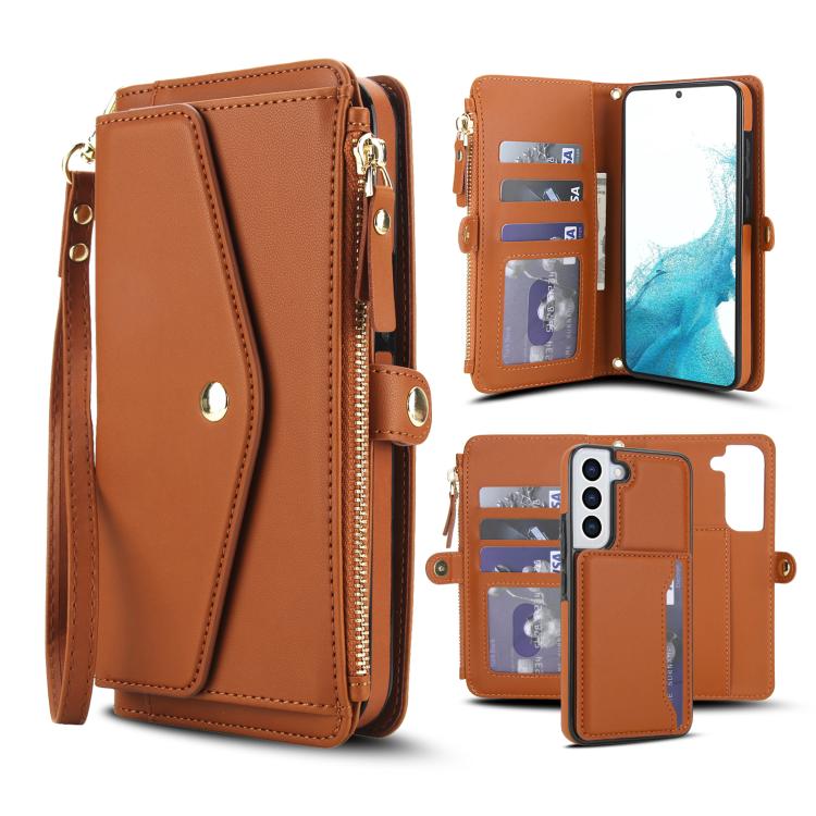 

For Samsung Galaxy S22 5G Multifunctional Wallet Detachable Leather Phone Case with Lanyard(Brown)