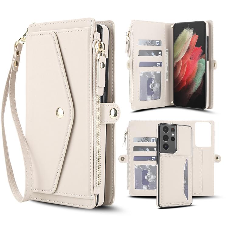 

For Samsung Galaxy S21 Ultra 5G Multifunctional Wallet Detachable Leather Phone Case with Lanyard(White)