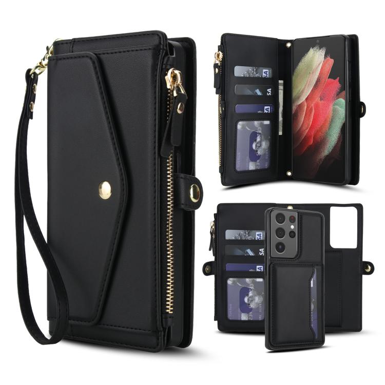 

For Samsung Galaxy S21 Ultra 5G Multifunctional Wallet Detachable Leather Phone Case with Lanyard(Black)