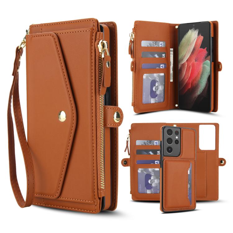 

For Samsung Galaxy S21 Ultra 5G Multifunctional Wallet Detachable Leather Phone Case with Lanyard(Brown)