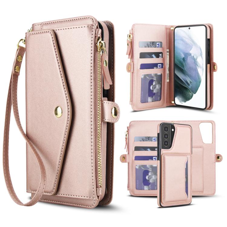 

For Samsung Galaxy S21+ 5G Multifunctional Wallet Detachable Leather Phone Case with Lanyard(Rose Gold)