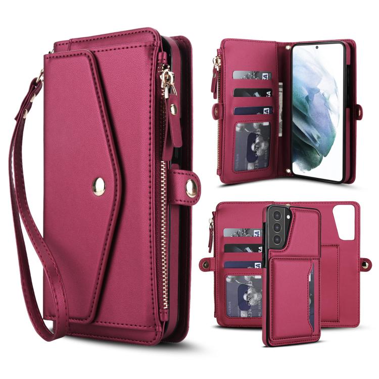 

For Samsung Galaxy S21 5G Multifunctional Wallet Detachable Leather Phone Case with Lanyard(Red)