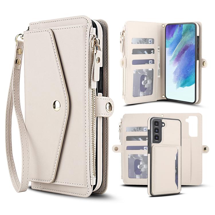 

For Samsung Galaxy S21 FE 5G Multifunctional Wallet Detachable Leather Phone Case with Lanyard(White)