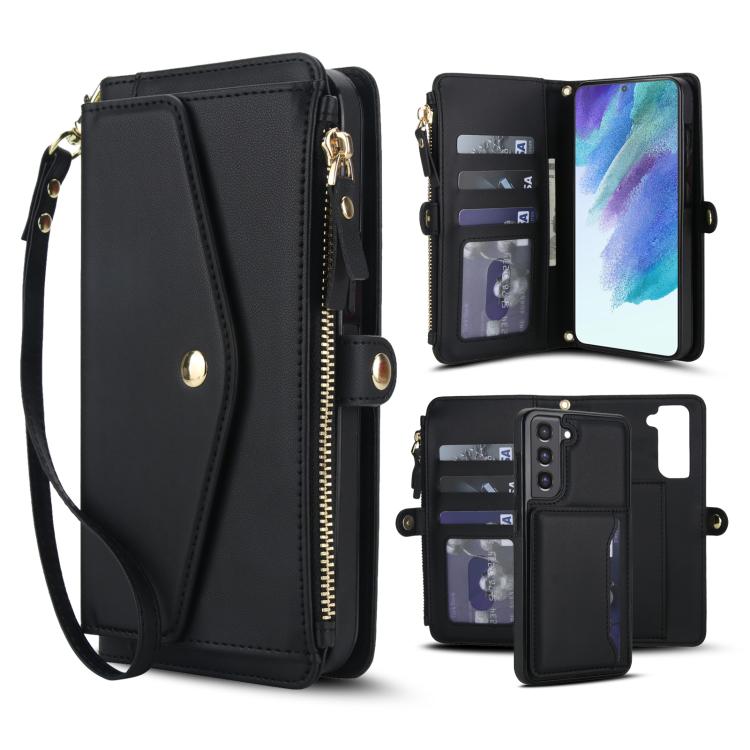

For Samsung Galaxy S21 FE 5G Multifunctional Wallet Detachable Leather Phone Case with Lanyard(Black)