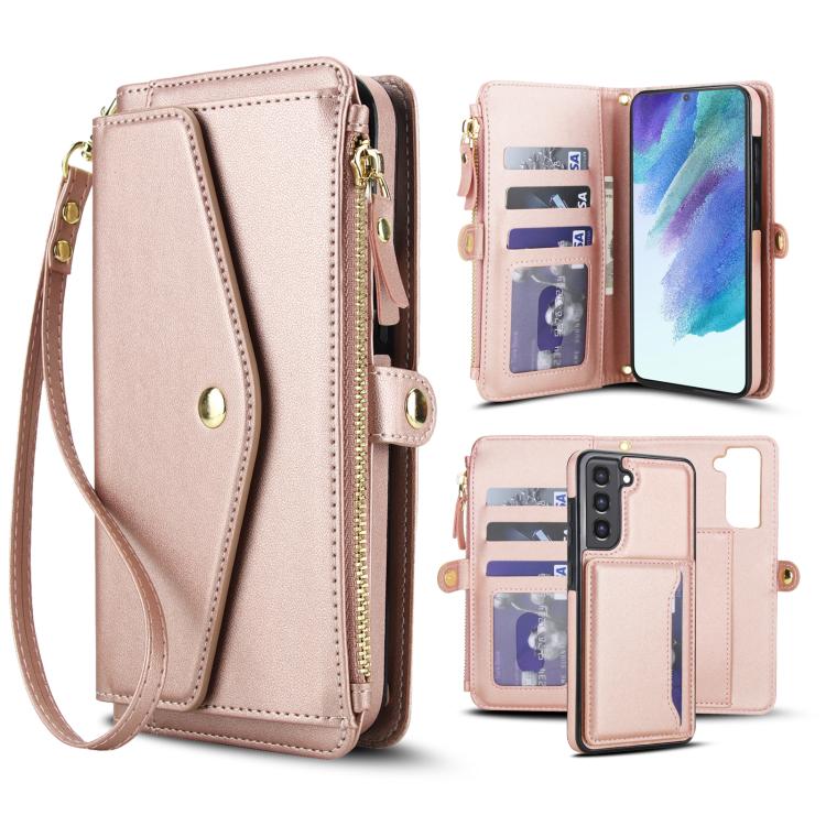 

For Samsung Galaxy S21 FE 5G Multifunctional Wallet Detachable Leather Phone Case with Lanyard(Rose Gold)