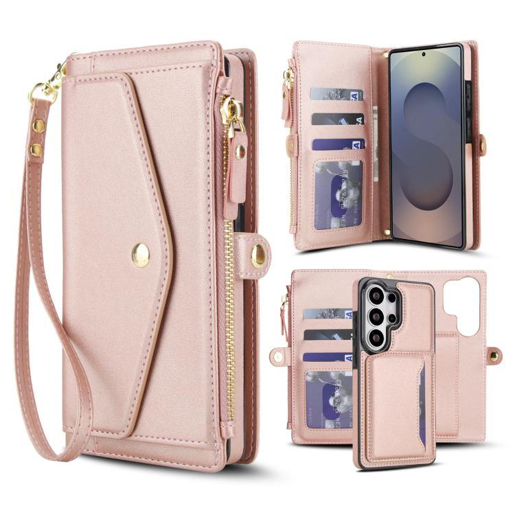 

For Samsung Galaxy S26 Ultra 5G Multifunctional Wallet Detachable Leather Phone Case with Lanyard(Rose Gold)