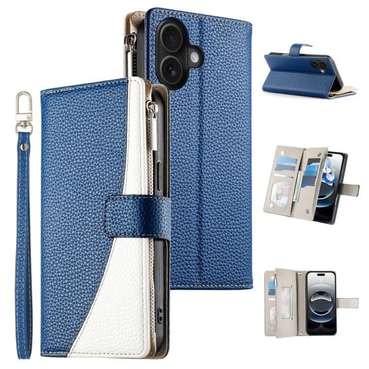 

For iPhone 16 Stitching Multi-card Zipper Wallet Leather Phone Case with Short Strap(Dark Blue)
