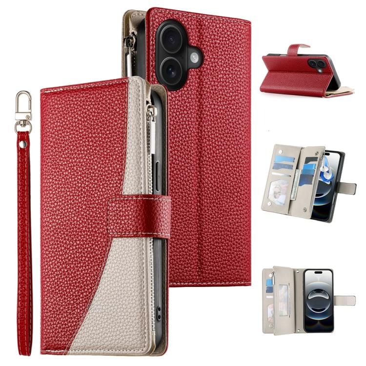 

For iPhone 16 Stitching Multi-card Zipper Wallet Leather Phone Case with Short Strap(Red)