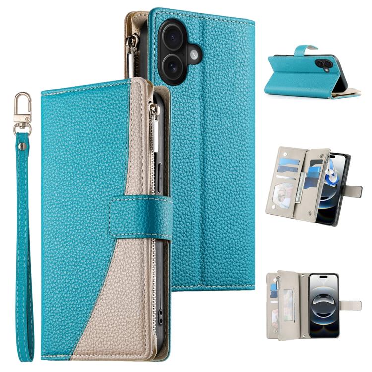 

For iPhone 16 Plus Stitching Multi-card Zipper Wallet Leather Phone Case with Short Strap(Blue)