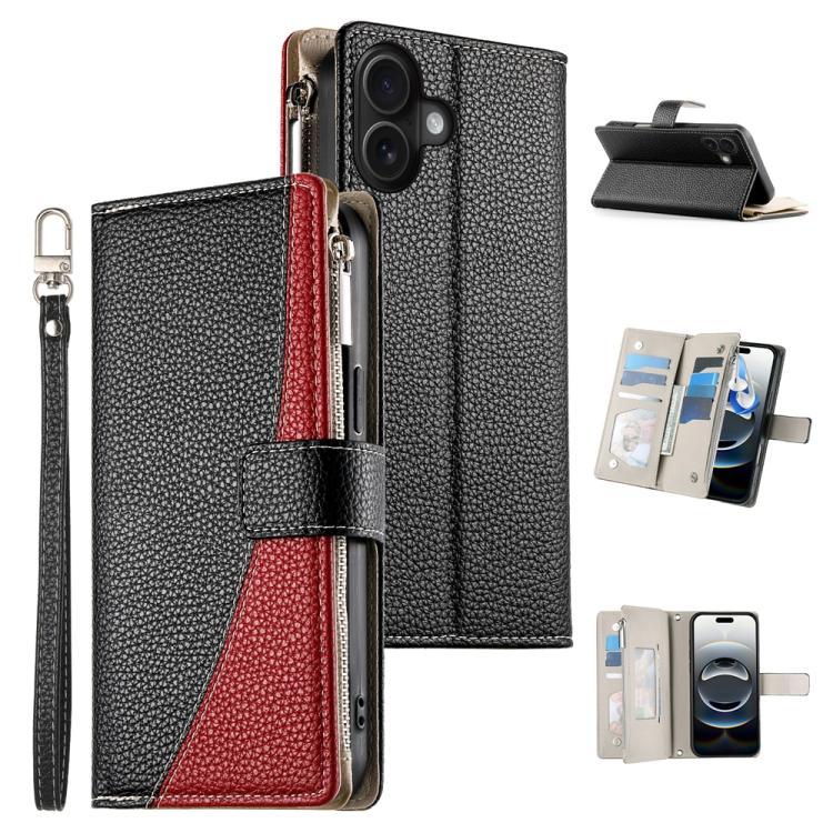 

For iPhone 16 Plus Stitching Multi-card Zipper Wallet Leather Phone Case with Short Strap(Black)