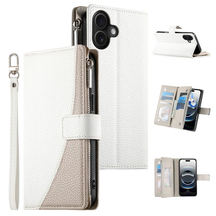 

For iPhone 16 Plus Stitching Multi-card Zipper Wallet Leather Phone Case with Short Strap(White)